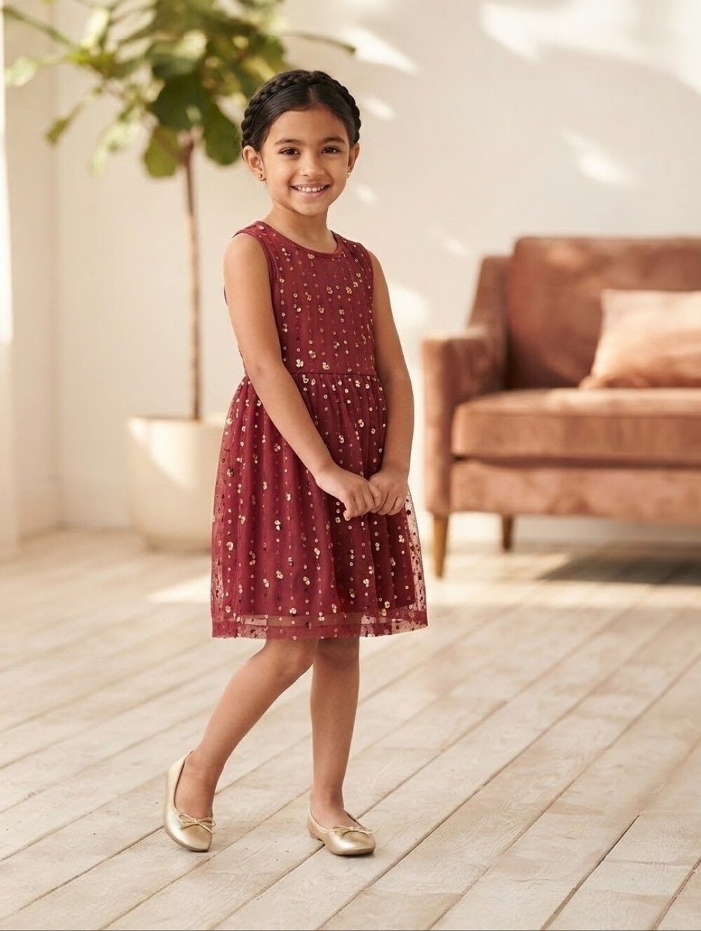 Wonder Nation Sparkly Deep Burgundy Sequin Gold Holiday Party Dress Size 6-6X